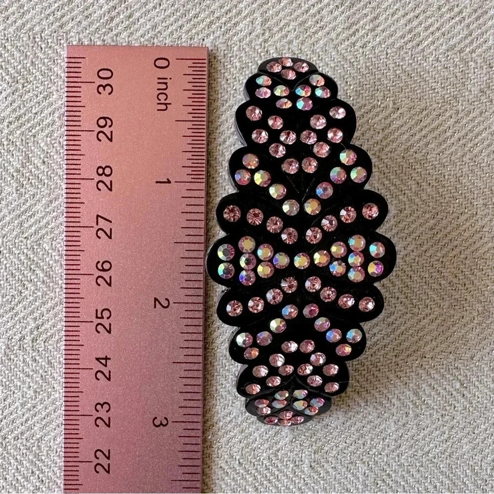 Rose Pink and Pink Aurora Borealis Crystal set in Black Hematite Hair Barrette - Picture 6 of 7